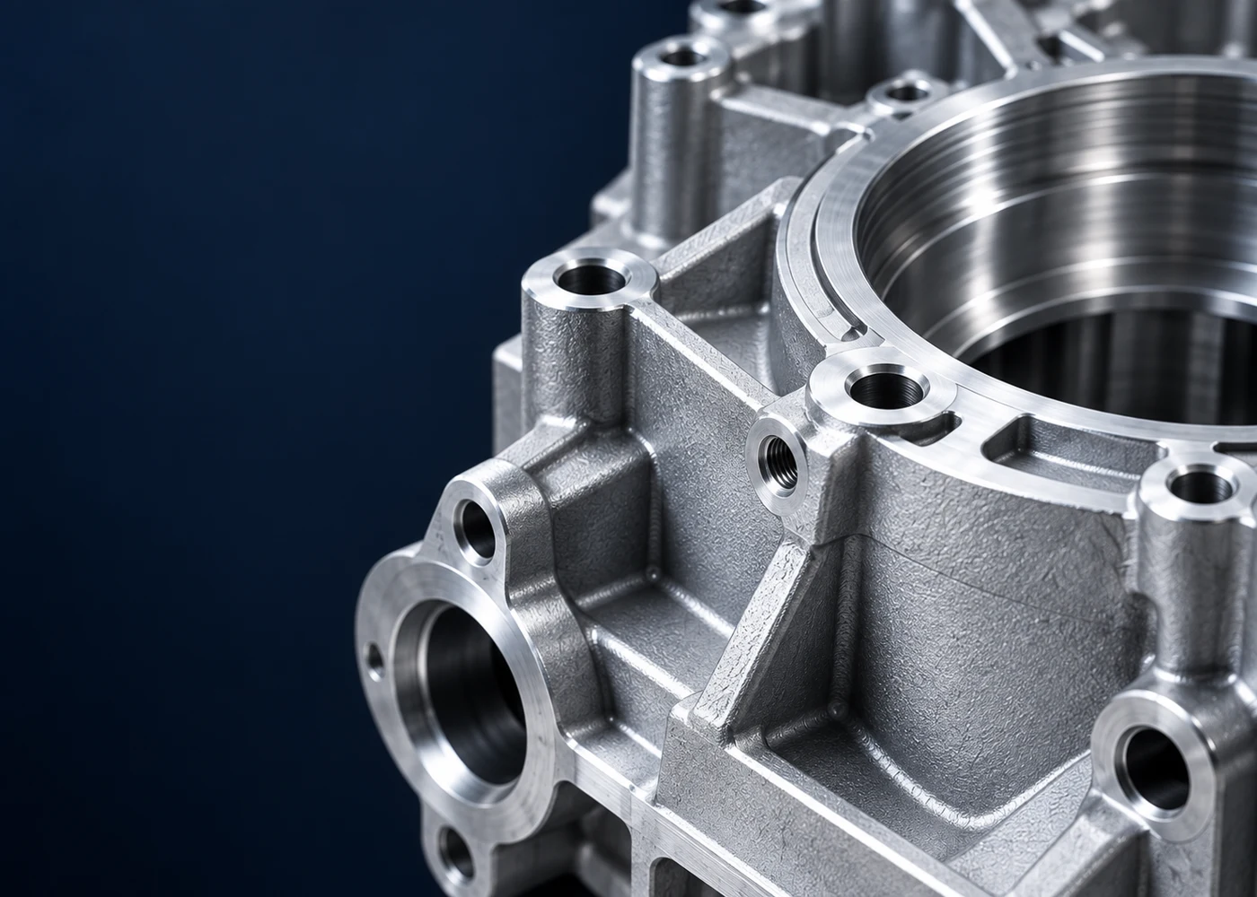 Illustration of a ribbed aluminum housing with machined features